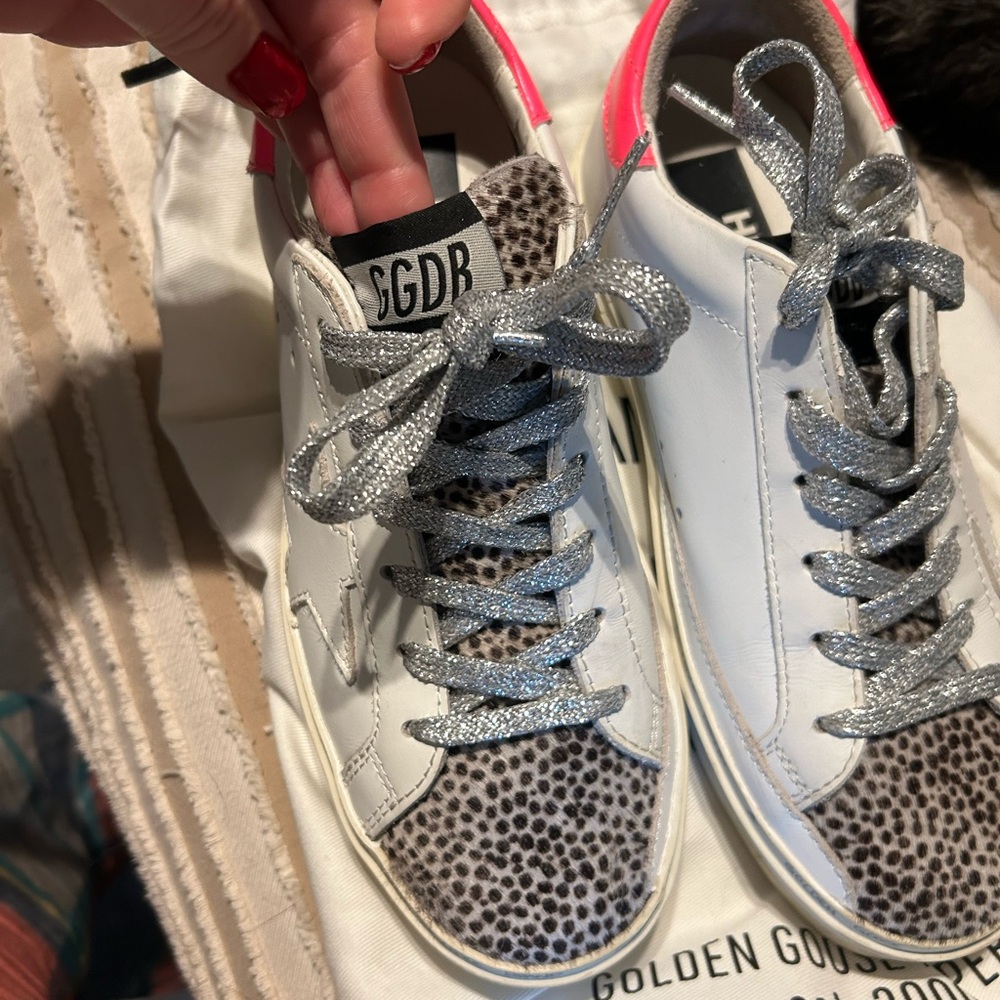 Women's White and Leopard Print Sneakers - Picture 1 of 3